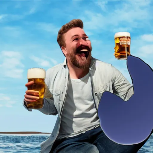 Image similar to A realistic photo of a happy man drinking a beer on the top of a flying whale