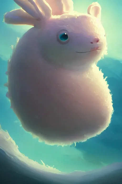 Image similar to a very cute sea slug rabbit close up, by rhads, makoto shinkai and lois van baarle, johannes voss, low angle fisheye view, sky whith plump white clouds, elegant, highly detailed, artstation, 8 k, unreal engine, hdr, concept art, volumetric lighting matte