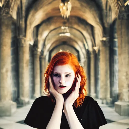 Prompt: redhead girl in black dress in beautiful castle, black pearls and golden gems, glowing eyes, light freckles, portrait, conceptart, medium shot, unreal, octane, symmetrical, photorealism