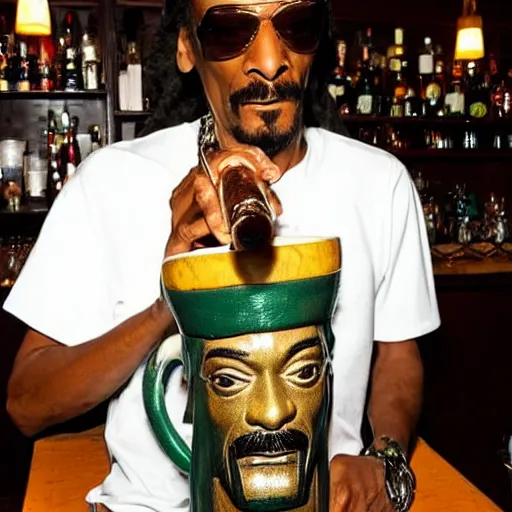 Image similar to snoop dogg at trader vic's bar holding a tiki mug with his face on it