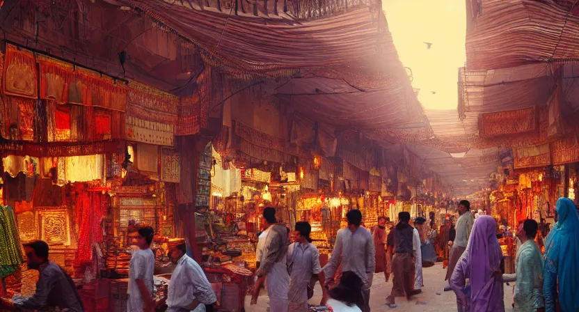 Image similar to bazaar in delhi. art by salman toor. global illumination, radiant light, detailed and intricate environment, atmospheric light, cinematic, trending on artstation