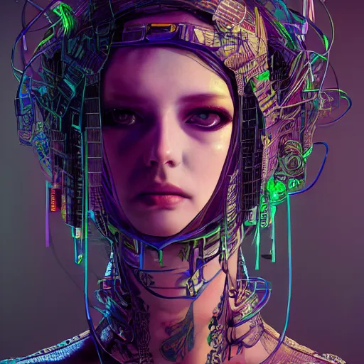 Prompt: the portrait of an absurdly beautiful, graceful, sophisticated, fashionable cyberpunk gravure idol, an ultrafine hyperdetailed illustration by kim jung gi, irakli nadar, hanna moon, intricate linework, neon colors, collage, porcelain skin, unreal engine 5 highly rendered, global illumination, radiant light, detailed and intricate environment