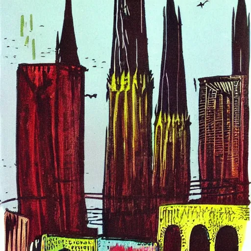 Prompt: 1 9 7 0 s grainy vintage illustration by norman bluhm. a beautiful illustration of a cityscape with tall spires & delicate bridges.