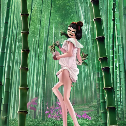 Image similar to A young beautiful giantess with a pretty face,she has green eyes, a cute nose and pink lips,she is wearing a sundress and a face mask, she is walking in a bamboo forest ,detailed body and eyes,proper anatomy, beautiful lighting,,digital art , highly detailed , high contrast, beautiful lighting, award winning , trending on art station, 8k, photo realistic,unreal engine 5