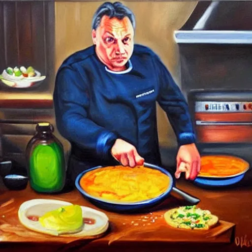 Prompt: viktor orban cooking, oil painting