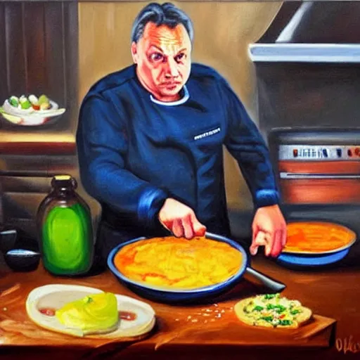 Image similar to viktor orban cooking, oil painting