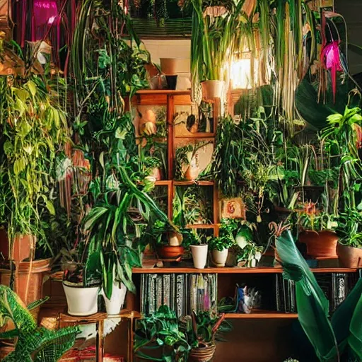 Prompt: a bohemian room with a lot of plants and neon lights, highly detailed, photorealistic