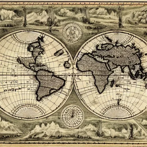 Prompt: 1800s map of the world, parchment, high contrast, high detail