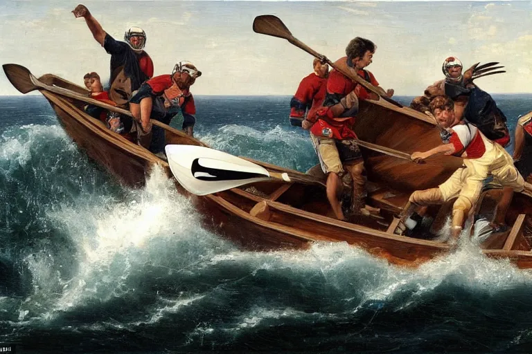 Image similar to a rowboat filled with nfl players in pads and helmets, one has a harpoon, they are chasing a whale, american oil painting