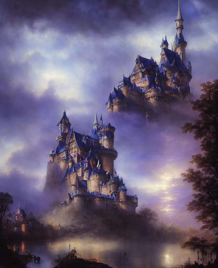 Image similar to beautiful matte airbrush painting of a european medieval castle made of light, ispired b yoshitaka amano and gilbert williams, clear painting and good lighting, dark blue and intense purple color palette, mystical fog, art by gilbert williams, andreas achenbach, clement ascher, tom bagshaw and sabbas apterus, high quality