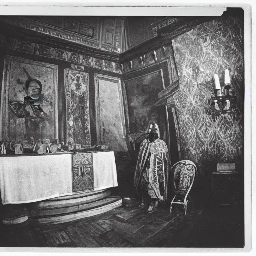 Prompt: ivan the terrible in his chamber in moscow kills the time, kodak, old photo, black and white, film, wide lens, 1 6 mm,