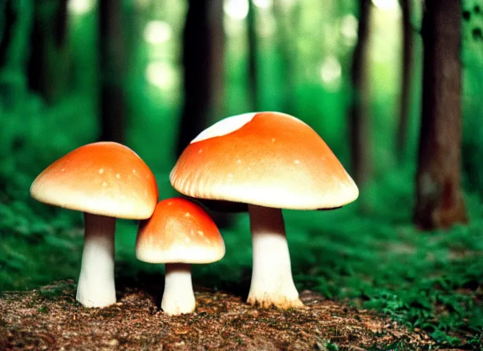 Image similar to a cute creature sitting next to a mushroom, cinestill 8 0 0 t 3 5 mm, high quality, heavy grain, high detail, panoramic, ultra wide lens, cinematic light, dramatic light, anamorphic