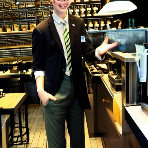 Image similar to slenderman working at starbucks, stock photo, cheerful lighting