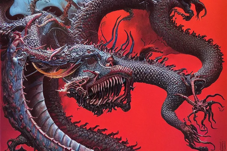 Image similar to a red dragon, fluid, smooth, organic, crazy, bright, colours, tumours, high contrast, sharpness, dramatic, very detailed, intricate, by giger and corben and moebius and beksinski and bosch and bacon