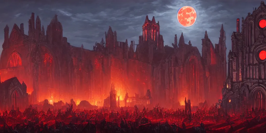 Image similar to highly detailed portrait painting of ancient abbey warhammer battle, old abbey in the background, full red moon, by eddie mendoza and tyler edlin, 8 k resolution