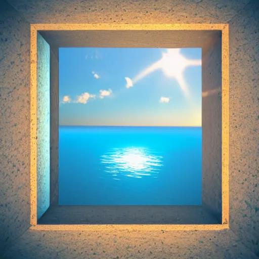 Image similar to abstract 3 d geometric shapes above sea, sea line, sunny sky, vray render