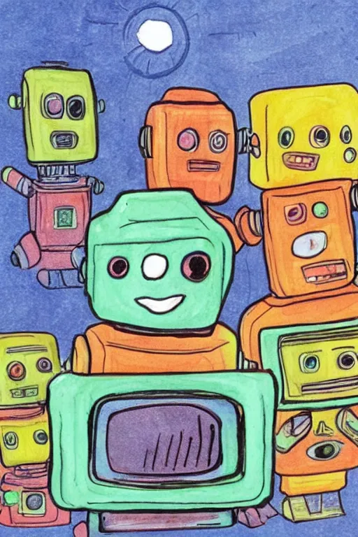 Image similar to children's book illustration of robots watching tv