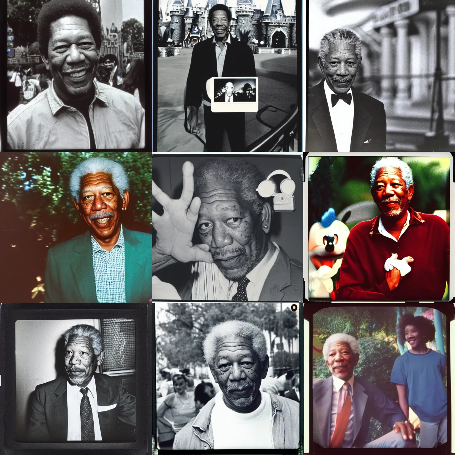 Prompt: a 1 9 8 0 s polaroid camera photograph of morgan freeman at disney land