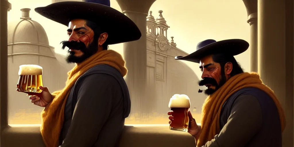 Image similar to a illustration of a mexican man with hat drinking a beer on train station, fantasy, intricate, elegant, highly detailed, digital painting, artstation, concept art, matte, sharp focus, art by aenaluck and roberto ferri and greg rutkowski, epic, juan caloto, juice ipa