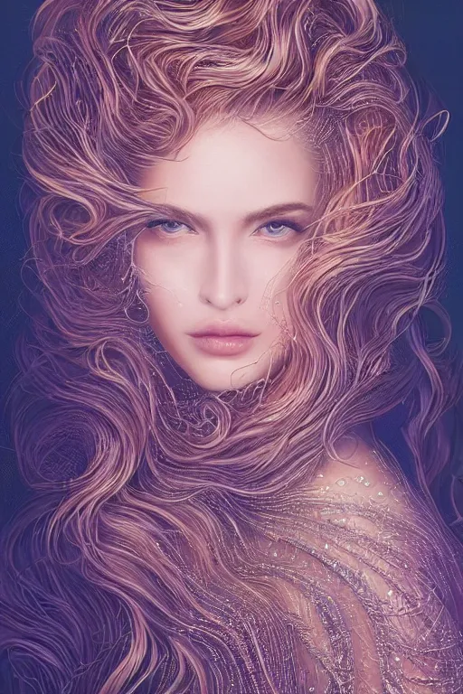 Prompt: one beautiful young woman's face, magical, windblown, intricate, synth-wave, retrowave, highly-detailed, elegant, dramatic lighting, gorgeous face, lifelike, photorealistic face, long luxurious intricate gown, digital painting, artstation, illustration, concept art, smooth, sharp focus, art by Craig Russel, Barry Smith, artgerm, and Albert Aublet and Krenz Cushart and Artem Demura and Alphonse Mucha