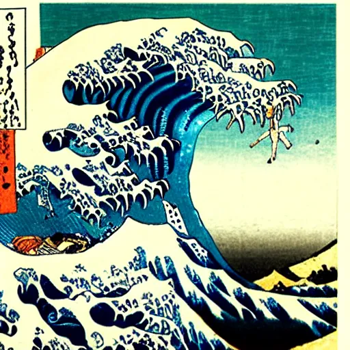 Image similar to surfing on a big wave, ukiyo-e by Utagawa Kuniyoshi