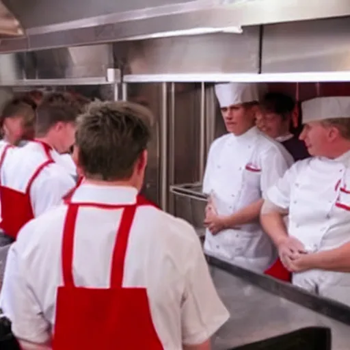 Image similar to gordon ramsay yelling at kfc employees in the kfc kitchen on kitchen nightmares. the employees are lined up and in their kfc uniforms.