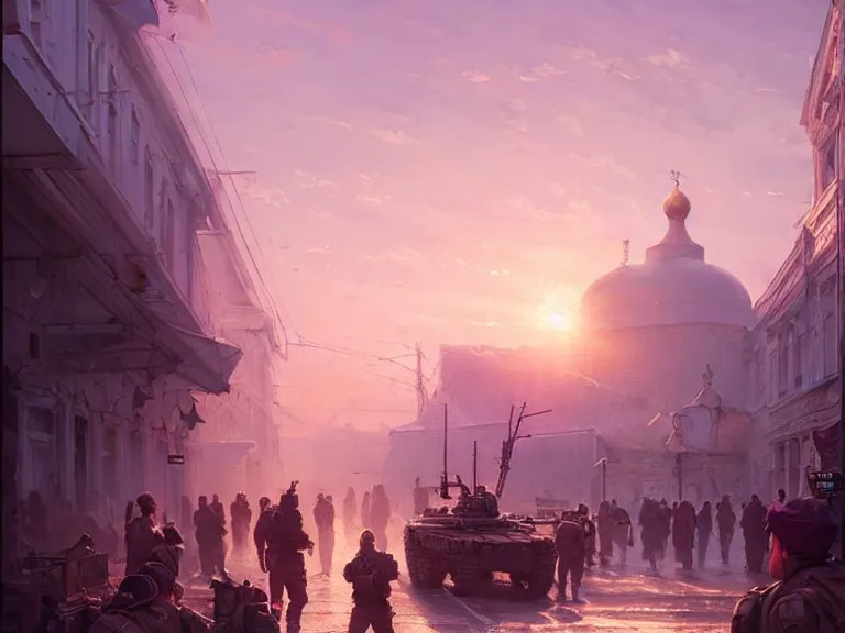 Image similar to city of syzran!!!, militaristic!!!, romantic!!!, hyperrealistic, highly detailed, cinematic, pink sunlight!, beautiful, cgssociety, artstation, 8 k, oil painting by greg rutkowski, by artgerm, by wlop