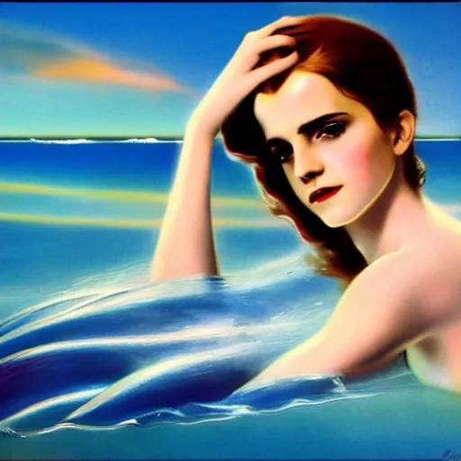 Prompt: emma watson as sea mermaid, artwork by rolf armstrong,