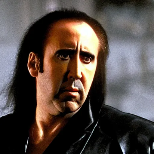 Image similar to Nicolas Cage as Morpheus in the Matrix