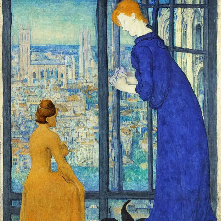 Prompt: portrait of woman in night gown with cat with city with gothic cathedral seen from a window frame with curtains. lapis - lazuli, malacchite, turquoise, indigo. piero della francesca, bonnard, henri de toulouse - lautrec, utamaro, matisse, monet, audubon