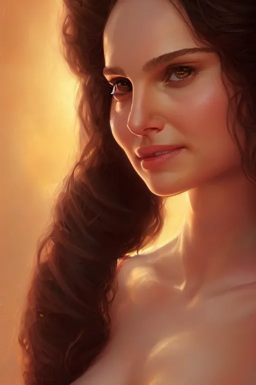 Image similar to Natalie Portman as a Smiling Goddess, soft, only two hands, highly detailed, digital painting, artstation, concept art, smooth, sharp focus, illustration, Unreal Engine 5, 8K, art by art by artgerm and greg rutkowski and edgar maxence