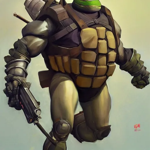 Image similar to greg manchess portrait painting of armored teenage mutant ninja turtles as overwatch character, medium shot, asymmetrical, profile picture, organic painting, sunny day, matte painting, bold shapes, hard edges, street art, trending on artstation, by huang guangjian and gil elvgren and sachin teng