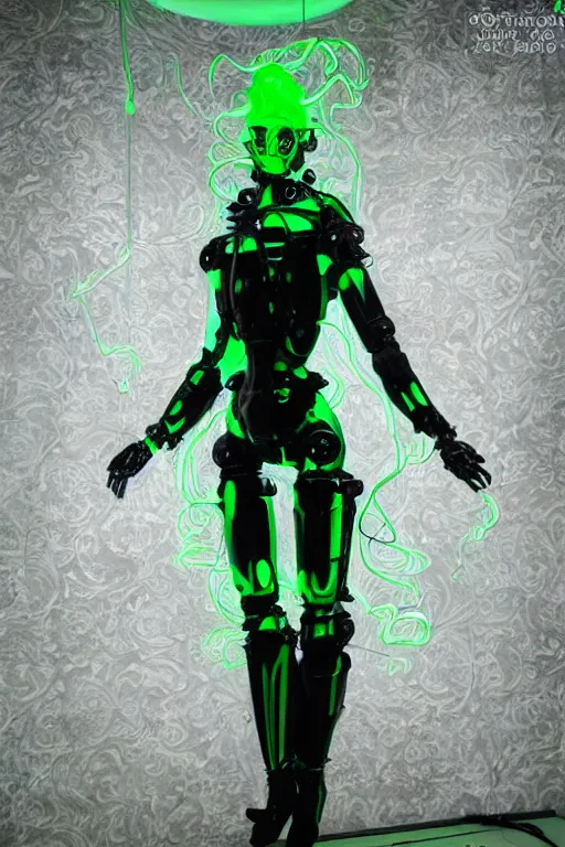 Image similar to full-body baroque and bladerunner style green neon and ceramic statue of a muscular attractive Spanish robot god humanoid wearing a see-through silk cloak sim roupa, posing like a falling model, suspended from the ceiling with thick neon cables, glowing mint face, crown of red steampunk lasers, emeralds, swirling silver silk fabric. futuristic elements. oozing glowing liquid, full-length view. space robots. human skulls. throne made of bones, intricate artwork by caravaggio. Trending on artstation, octane render, cinematic lighting from the right, hyper realism, octane render, 8k, depth of field, 3D