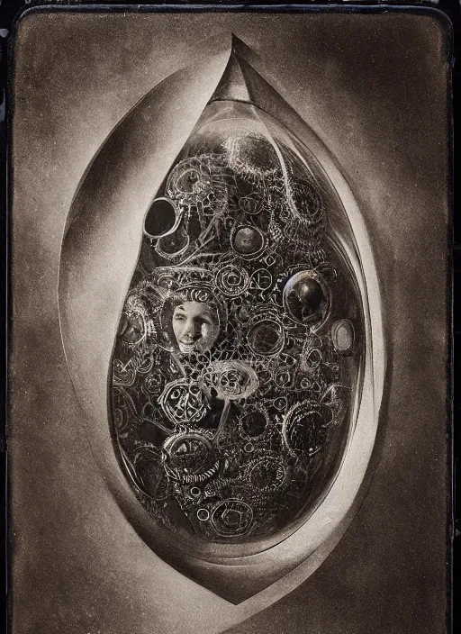 Image similar to old wetplate daguerreotype birth of artificial futuristic embryo life, fractal, intricate, elegant, highly detailed, parallax, leica, medium format, subsurface scattering, by jheronimus bosch and greg rutkowski and louis jacques mande daguerre