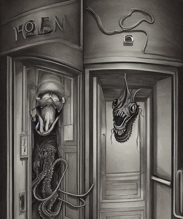 Image similar to horrifying photorealistic painting of a 1 9 2 5 hotel elevator lobby with teeth instead of elevator doors, opening sideways with a tentacle licking out, dark, atmospheric, brooding, smooth, finely detailed, cinematic, epic, lovecraft, in the style of larry elmore