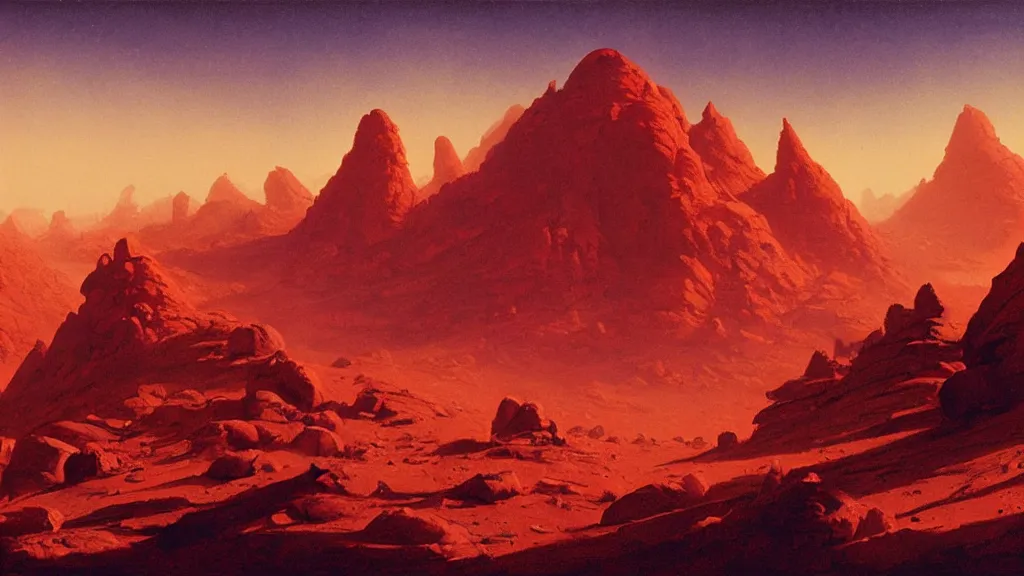 Image similar to mars empire of the mountains by paul lehr and john schoenherr, cinematic matte painting