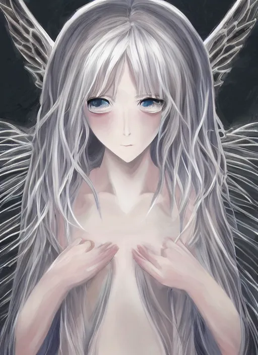 Image similar to thin angel with silver hair so pale and wan!, wearing robes, covered in robes, anime goddess manga, flowing hair, pale skin, young cute face, covered!!, clothed! oil on canvas, 4 k resolution, aesthetic!, mystery