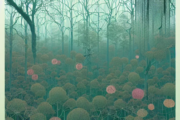 Prompt: lots of glass details, a lot of exotic vegetation, trees, flowers, dull colors, in the foggy huge forest covered with web and cotton, by victo ngai, hyperrealism, intricate detailed, risograph