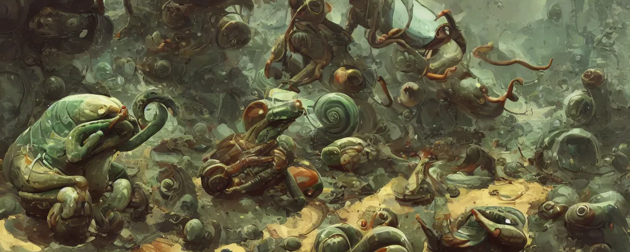 Prompt: duotone olive green snails illustration 3 / 4 portrait of gollum kun fu fighting with giant toxic snails chaotic composition accidental renaissance golden ratio. by sachin teng and sergey kolesov and ruan jia and heng z. graffiti art, scifi, fantasy, hyper detailed. octane render. concept art. trending on artstation