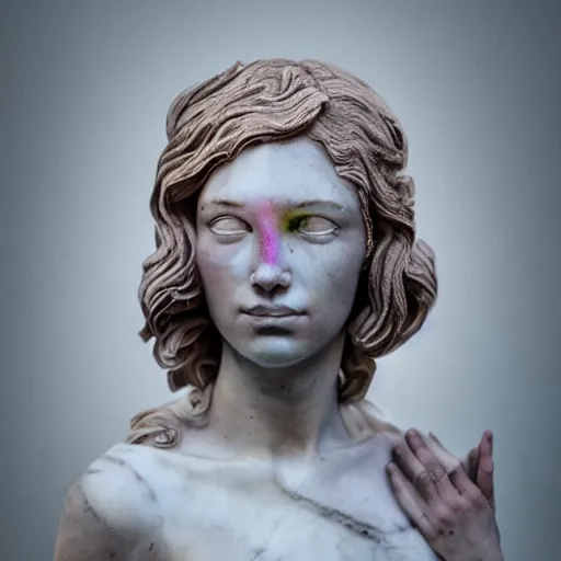 Image similar to artistic portrait of a crying female marble statue, art by alessio albi 8 k ultra realistic, sadness, lament, wings, lens flare, atmosphere, glow, detailed, intricate, full of color, led lighting, trending on artstation, 4 k, hyperrealistic, 3 5 mm, focused, extreme details, unreal engine 5, masterpiece