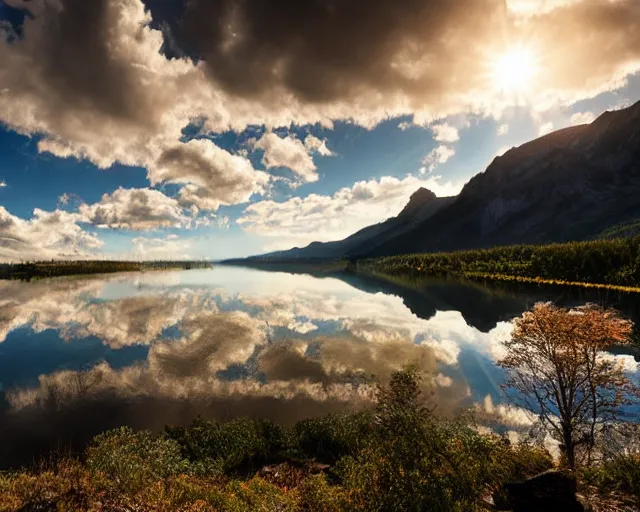 Image similar to mountains with a small lake, clouds in the sky, water reflecting suns light, dramatic landscape mode made by Clay Collier