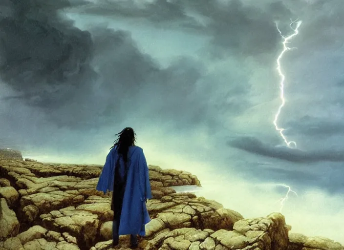 Prompt: a man with a long wavy black hair wearing a long blue coat and stands in the foreground with his back to the viewer. he is on bare rocky ground looking up at an immense approaching lightning storm. roiling dramatic threatening dangerous looming clouds. dramatic fantasy art by michael whelan and greg rutkowski