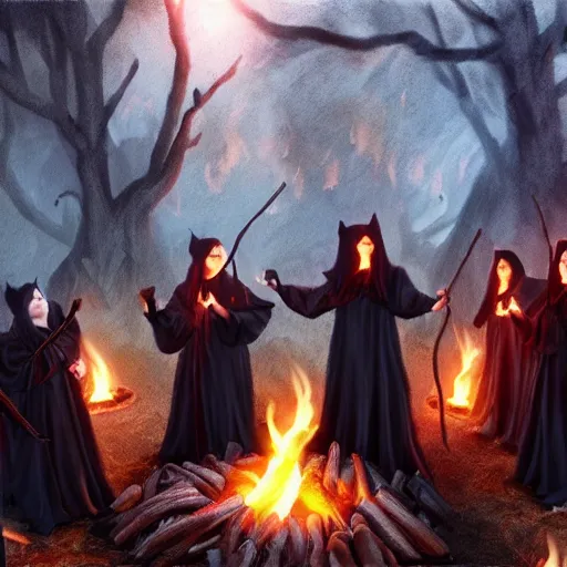 Image similar to a cult of black cloak wearing kittens summon a fire goddess from the depths of a raging fire pit, flames are emerging from fissures in the ground.