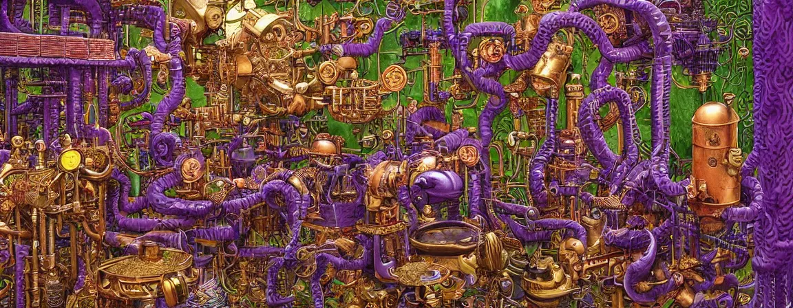 Image similar to a densely packed machine apparatus for making snake oil, huge copper machine with fine purple and green intricate pipework, art by jacek yerka, and ed roth, directed by denis villeneuve, cinematography by robby muller, fine detail, kodachrome 8 k, snake machine