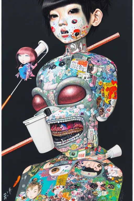 Prompt: full view, from a distance, of anthropomorphic trashcan from japan, style of yoshii chie and hikari shimoda and martine johanna, highly detailed