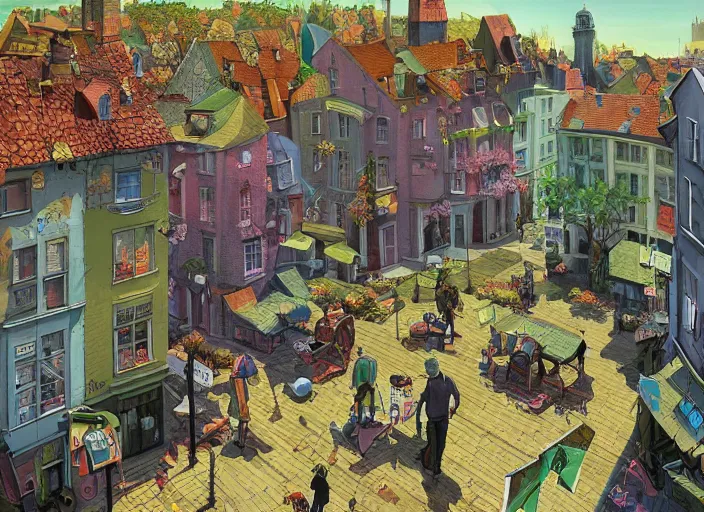 Image similar to dublin townsquare, summer morning, very coherent and colorful high contrast, art by gediminas pranckevicius, geof darrow, dark shadows, hard lighting