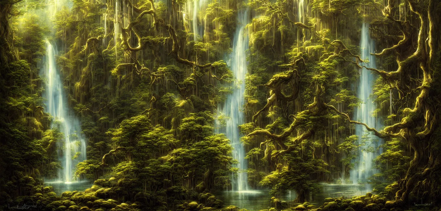 Image similar to a painting of a waterfall in a random forest, a detailed matte painting by todd lockwood, deviantart, fantasy art, matte painting, matte drawing, airbrush art