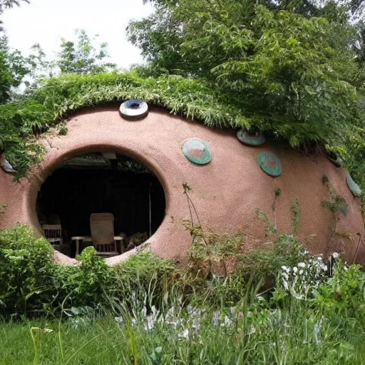 Prompt: beautiful overgrown Earthship home made from clay cob with permaculture garden