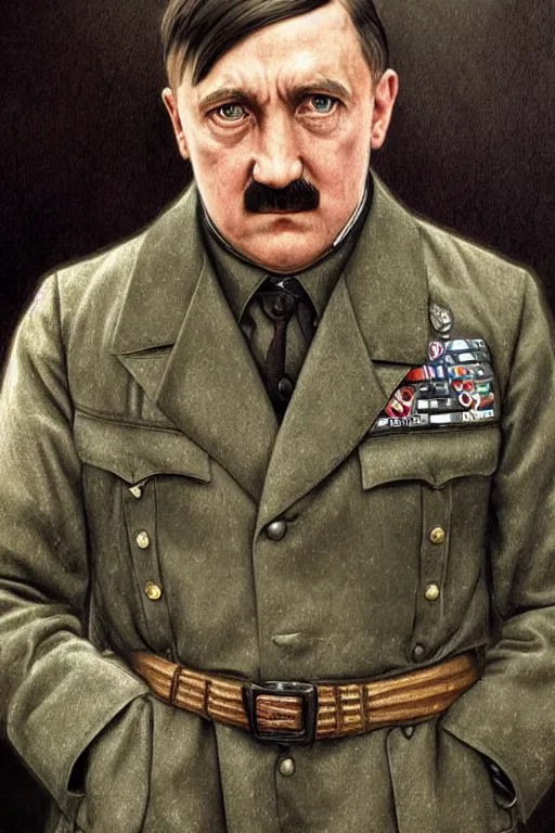 Prompt: photorealistic portrait photograph of adolf hitler, kawaii!! handsome, depth of field, soft focus, highly detailed, intricate, realistic, national geographic cover, soft glow, textured, artstation, concept art, sharp focus, illustration, art by artgerm and greg rutkowski and alphonse mucha