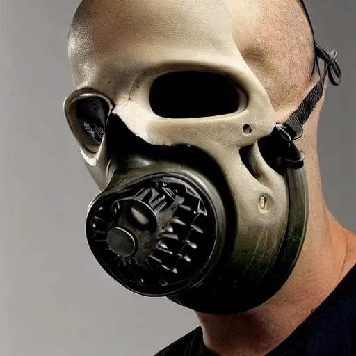 Image similar to a hyper realistic photoshoot of a gas mask with a human skull wearing the mask